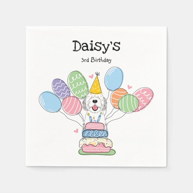 Blue Merle Sheepadoodle Birthday Party Paper Napkins (Front)