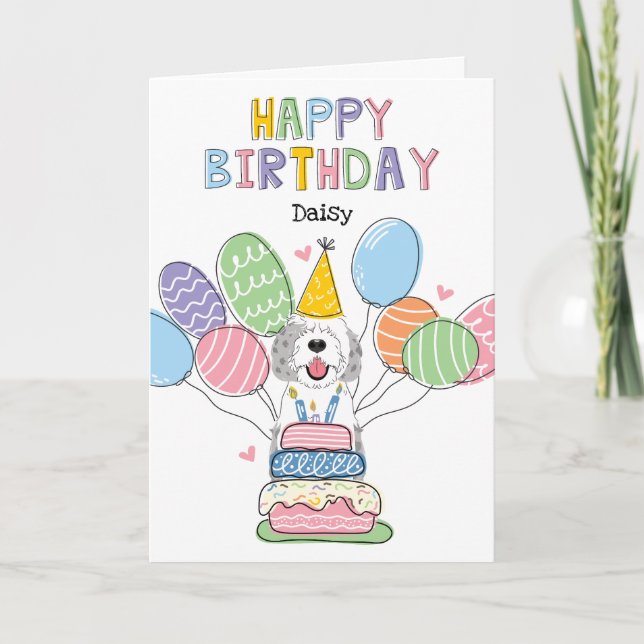 Blue Merle Sheepadoodle Dog Happy Birthday Card (Front)