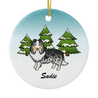 Blue Merle Sheltie Cartoon Dog In Winter &amp; Name Ceramic Ornament
