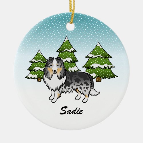 Blue Merle Sheltie Cartoon Dog In Winter  Name Ceramic Ornament