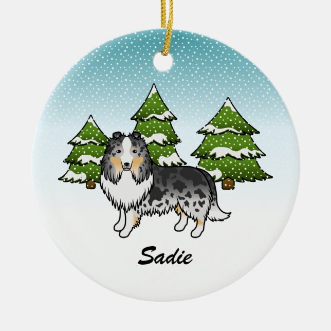 Blue Merle Sheltie Cartoon Dog In Winter & Name Ceramic Ornament (Front)