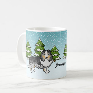 Blue Merle Sheltie Cartoon Dog In Winter &amp; Name Coffee Mug
