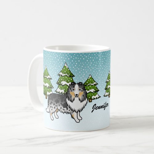 Blue Merle Sheltie Cartoon Dog In Winter  Name Coffee Mug