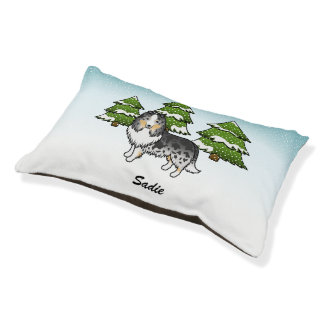 Blue Merle Sheltie Cartoon Dog In Winter &amp; Name Pet Bed