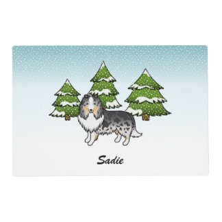 Blue Merle Sheltie Cartoon Dog In Winter &amp; Name Placemat