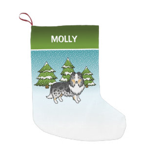 Blue Merle Sheltie Cartoon Dog In Winter &amp; Name Small Christmas Stocking