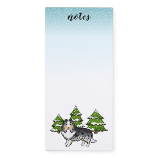 Blue Merle Sheltie Cartoon Dog In Winter &amp; Text Magnetic Notepad
