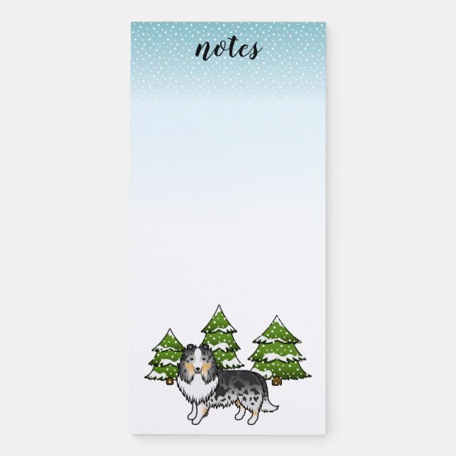 Blue Merle Sheltie Cartoon Dog In Winter & Text Magnetic Notepad (Front)