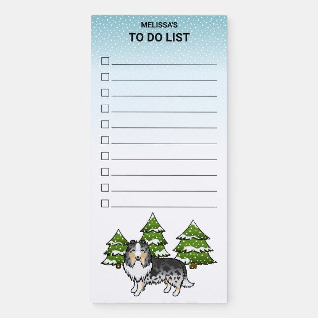 Blue Merle Sheltie Cute Dog In Winter To Do List Magnetic Notepad (Front)