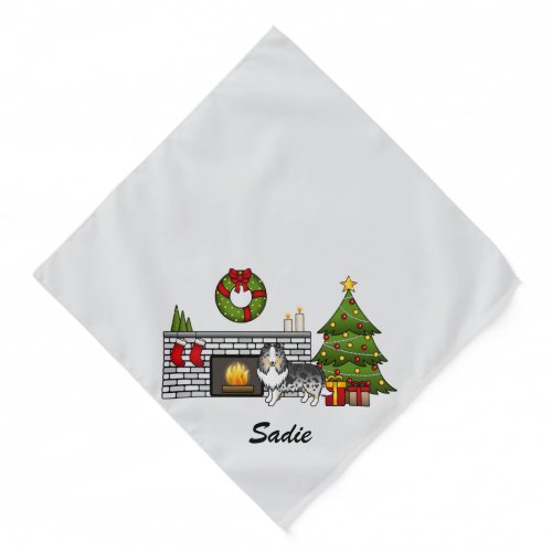 Blue Merle Sheltie Dog In A Christmas Room  Name Bandana