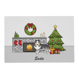 Blue Merle Sheltie Dog In A Christmas Room &amp; Name Placemat