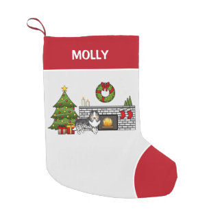 Blue Merle Sheltie Dog In A Christmas Room &amp; Name Small Christmas Stocking