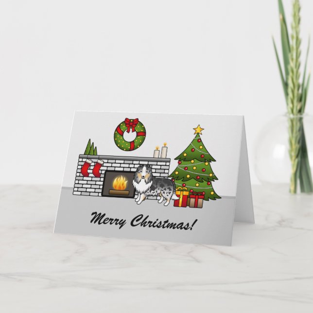 Blue Merle Sheltie Dog In A Christmas Room & Text Card (Front)