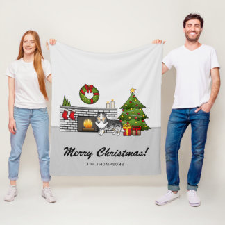 Blue Merle Sheltie Dog In A Christmas Room &amp; Text Fleece Blanket