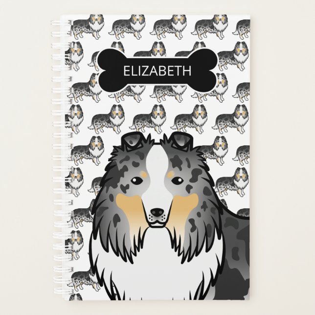 Blue Merle Sheltie Dog With Dog Bone & Name Planner (Front)