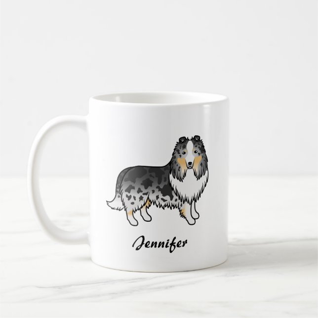 Blue Merle Shetland Sheepdog Cartoon Dog & Name Coffee Mug (Left)
