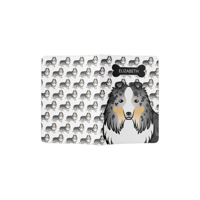Blue Merle Shetland Sheepdog Cartoon Dog & Name Passport Holder (Opened)