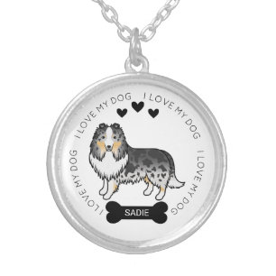 Blue Merle Shetland Sheepdog Cartoon Dog & Name Silver Plated Necklace
