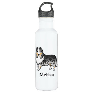 Blue Merle Shetland Sheepdog Cartoon Dog &amp; Name Stainless Steel Water Bottle