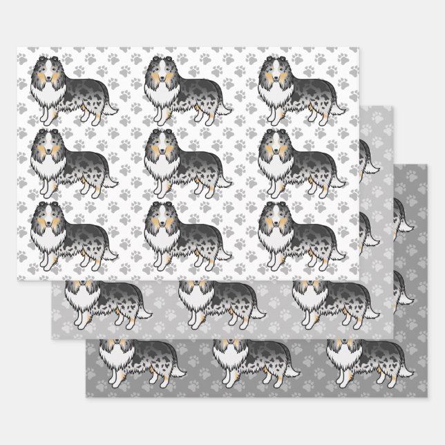 Blue Merle Shetland Sheepdog Cartoon Dog Pattern Wrapping Paper Sheets (Set)