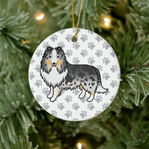 Blue Merle Shetland Sheepdog Cartoon Dog & Paws Ceramic Ornament