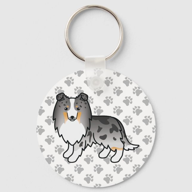 Blue Merle Shetland Sheepdog Cartoon Dog & Paws Keychain (Front)