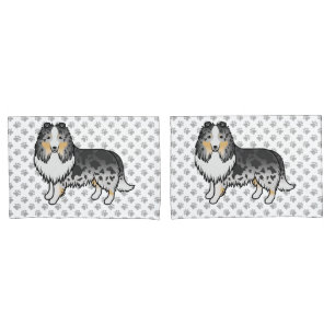 Blue Merle Shetland Sheepdog Cartoon Dog & Paws Pillow Case