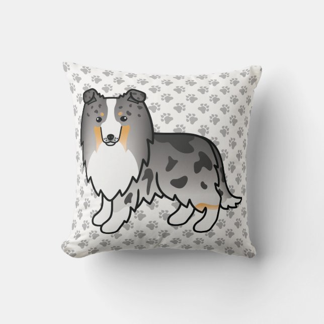 Blue Merle Shetland Sheepdog Cartoon Dog & Paws Throw Pillow (Front)