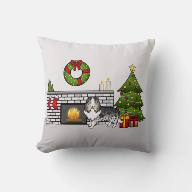 Blue Merle Shetland Sheepdog In A Christmas Room Throw Pillow (Front)
