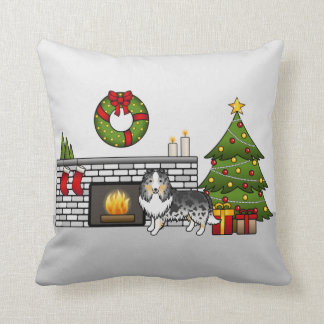 Blue Merle Shetland Sheepdog In A Christmas Room Throw Pillow