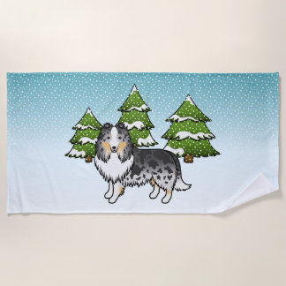 Blue Merle Shetland Sheepdog In A Winter Forest Beach Towel