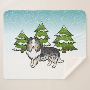 Blue Merle Shetland Sheepdog In A Winter Forest Sherpa Blanket