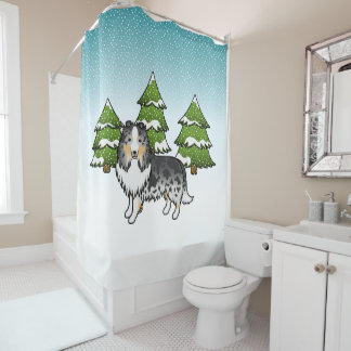 Blue Merle Shetland Sheepdog In A Winter Forest Shower Curtain