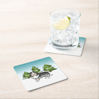 Blue Merle Shetland Sheepdog In A Winter Forest Square Paper Coaster