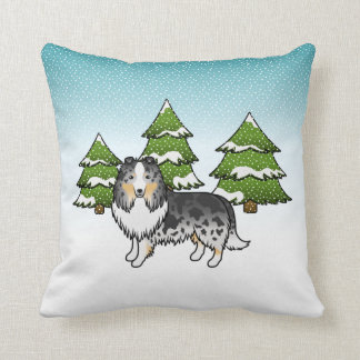 Blue Merle Shetland Sheepdog In A Winter Forest Throw Pillow