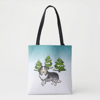 Blue Merle Shetland Sheepdog In A Winter Forest Tote Bag
