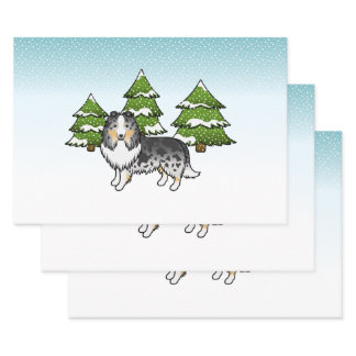 Blue Merle Shetland Sheepdog In A Winter Forest Wrapping Paper Sheets