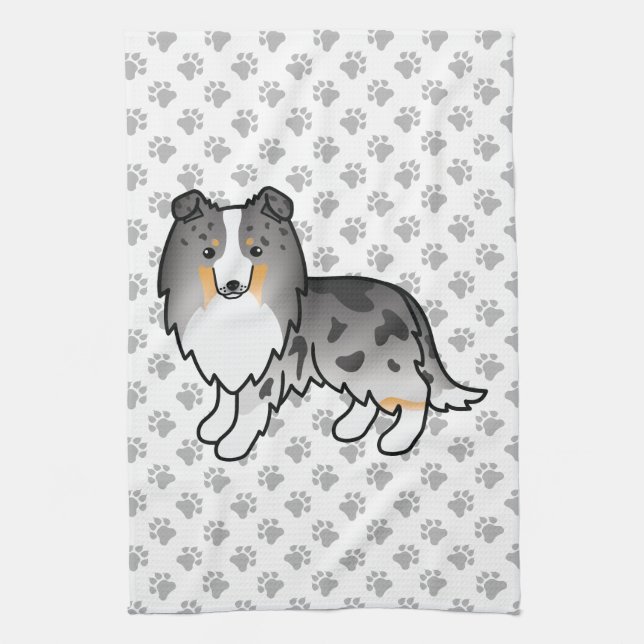 Blue Merle Shetland Sheepdog Sheltie Cartoon Dog Kitchen Towel (Vertical)