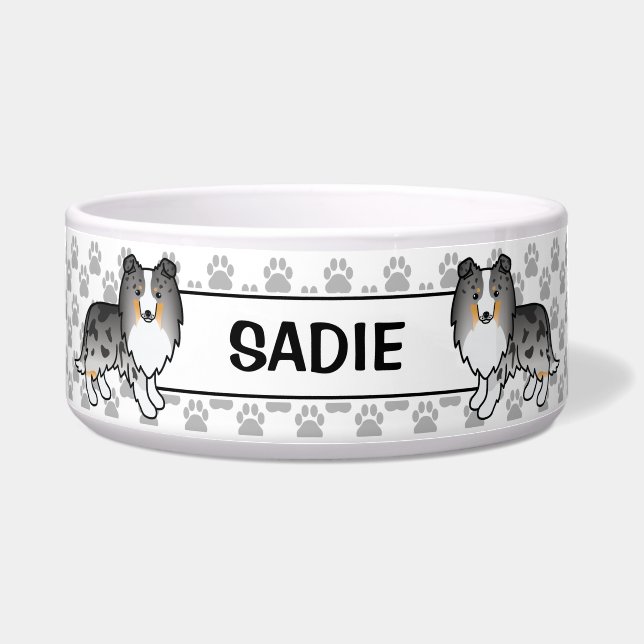 Blue Merle Shetland Sheepdog Sheltie Dog & Name Bowl (Front)