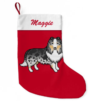 Blue Merle Shetland Sheepdog Sheltie On Red &amp; Name Small Christmas Stocking