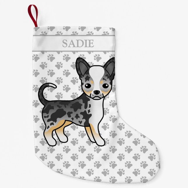 Blue Merle Smooth Coat Chihuahua Cute Dog & Name Small Christmas Stocking (Front)