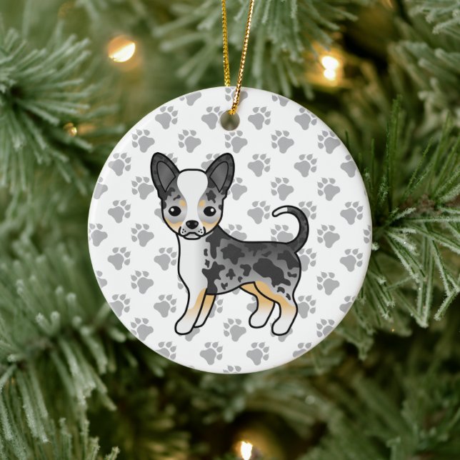 Blue Merle Smooth Coat Chihuahua Cute Dog & Paws Ceramic Ornament (Tree)
