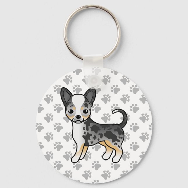 Blue Merle Smooth Coat Chihuahua Dog & Paws Keychain (Front)