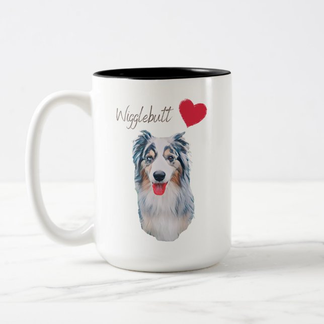 Blue Merle Wiggle Butt Aussie Two-Tone Coffee Mug (Left)