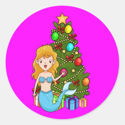 Blue Mermaid and Christmas Tree Classic Round Sticker