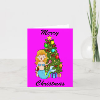 Blue Mermaid and Christmas Tree Holiday Card