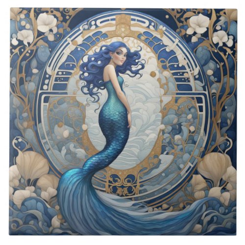 Blue Mermaid Art Nouveau Art Deco Style Ceramic Tile
