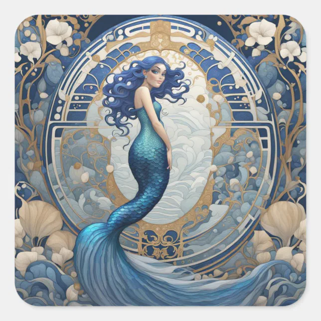 Blue Mermaid Art Nouveau Art Deco Style Square Sticker | Zazzle