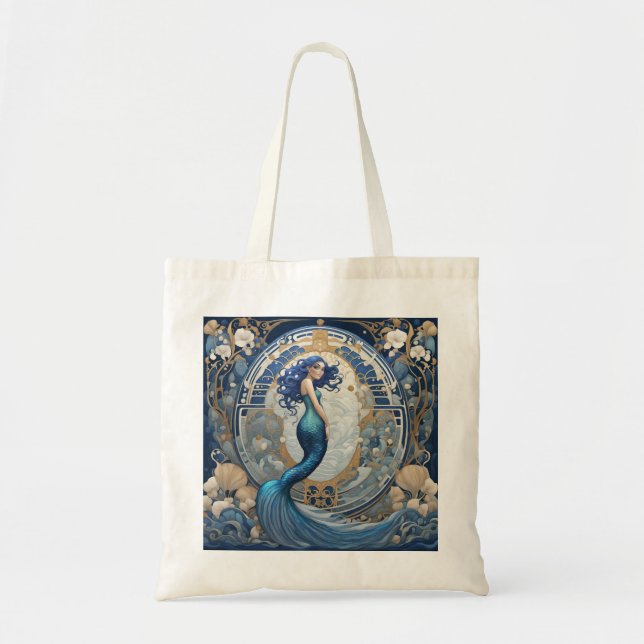 Blue Mermaid Art Nouveau Art Deco Style Tote Bag (Front)