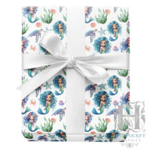 Blue Mermaid Birthday Gift Wrap in White